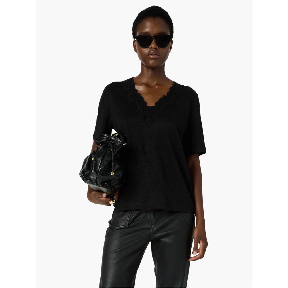Gerard Darel Black Linen Lace-Trim V-Neck Short Sleeve Top size 2/ Medium